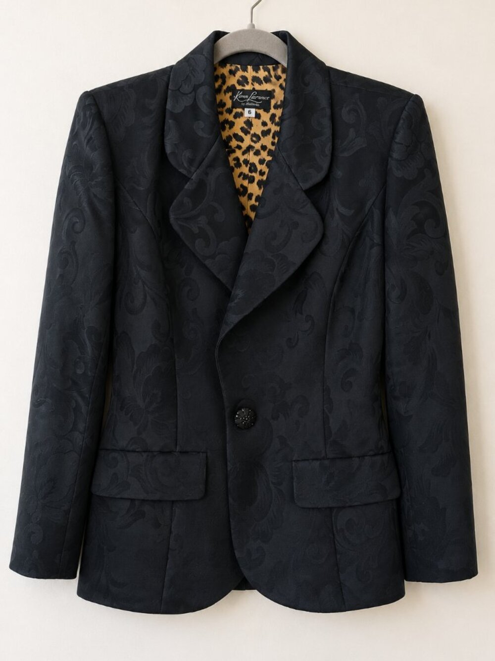 VTG Karen Laurence 2 Pc Black Jacquard Skirt Suit Set Leopard Lined Sz 6 - Picture 6 of 7